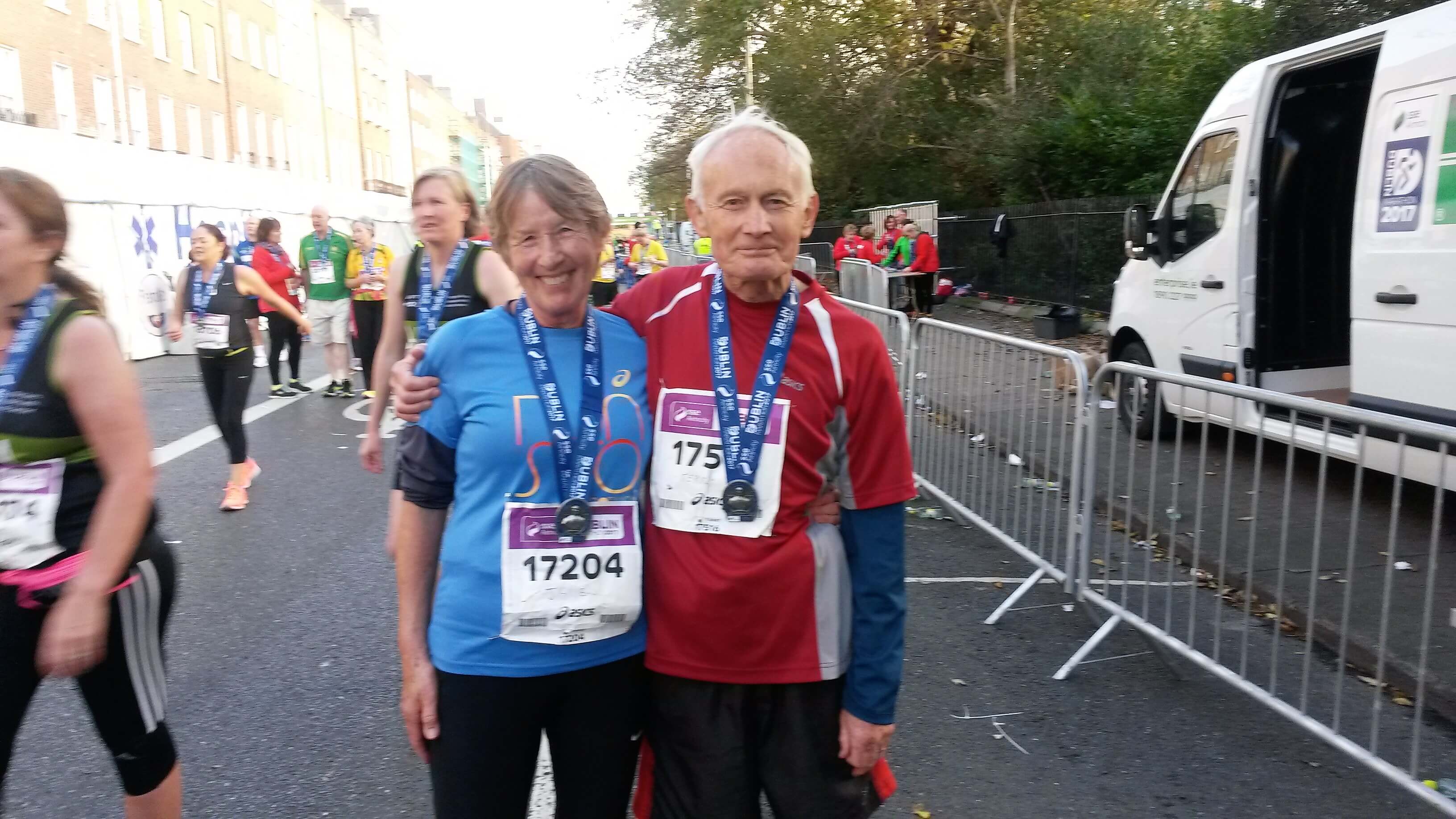 Jane and Terry Gibson at the finish of Dublin marathon 2017